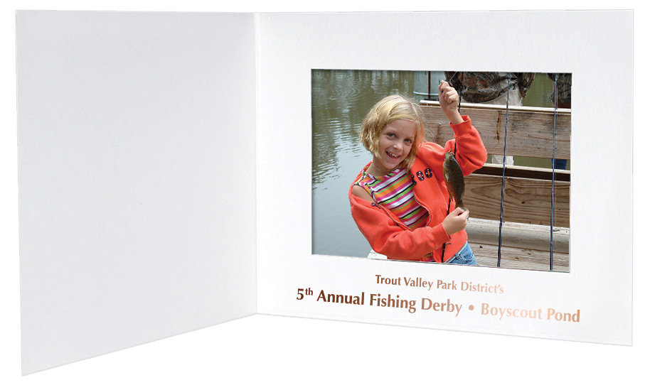 White cardboard photo folder for fishing derby giveaways