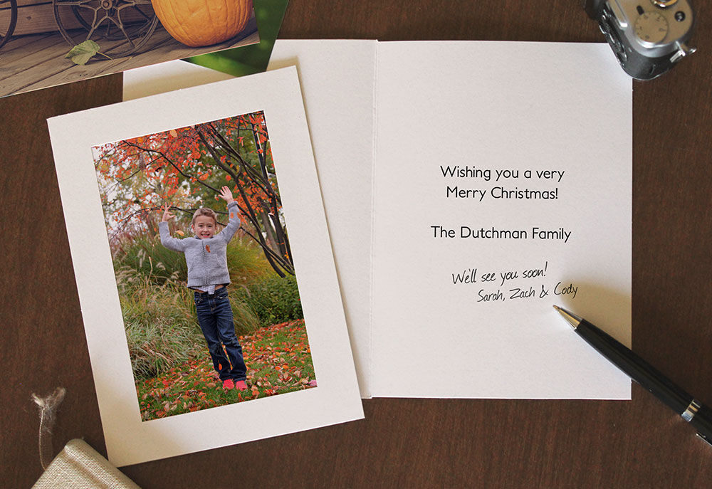 Recycled photo insert card with photo of a boy. Inside message is a Christmas sentiment.