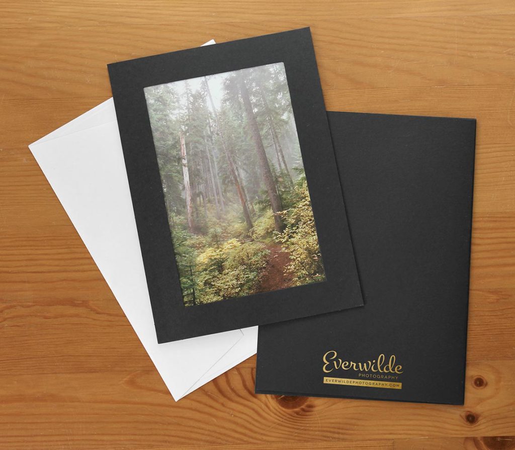 Nature photography card with photo insert and photographer logo gold foil stamped on the back of the card