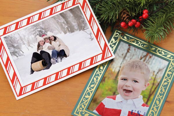 Holiday photo insert cards with candy cane stripes and holly designs