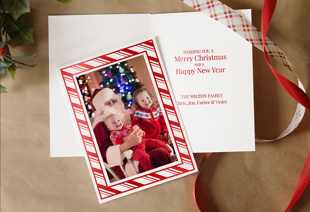 Candy cane stripes on a white photo insert Christmas card