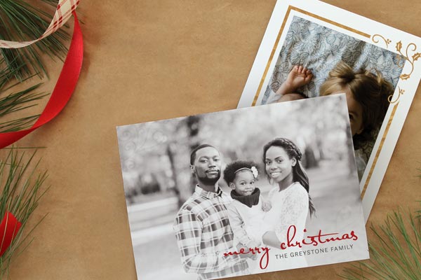 Printed Christmas photo cards with clean, modern designs