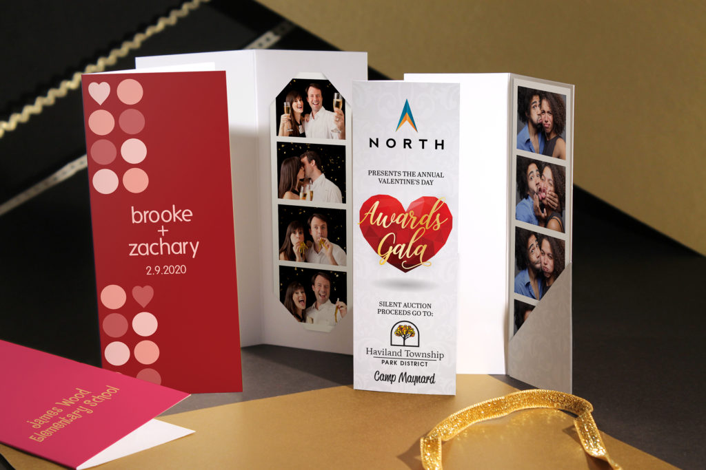 Photo booth folders for Valentine's Day events personalized with logos, branding, and names