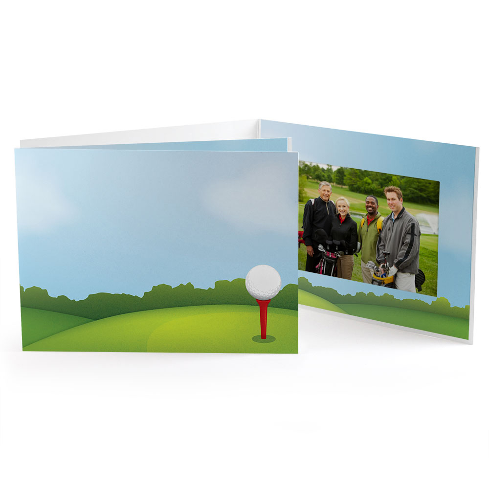 Golf course-themed photo folder with your tournament logo printed on the front cover