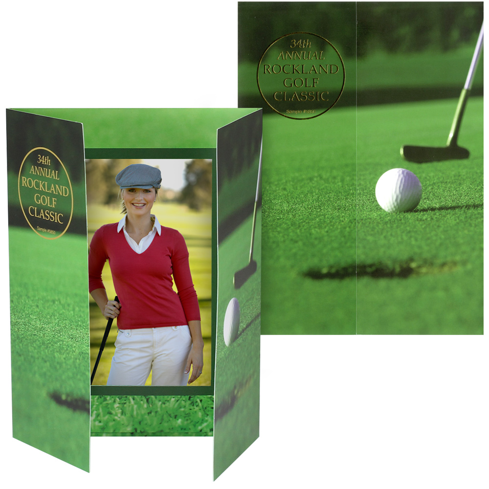 Golf photo folder frame with barn door-style cover flaps