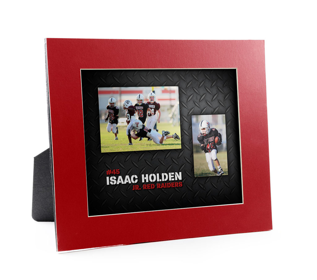 Red cardboard frame holds a football player memory mate collage