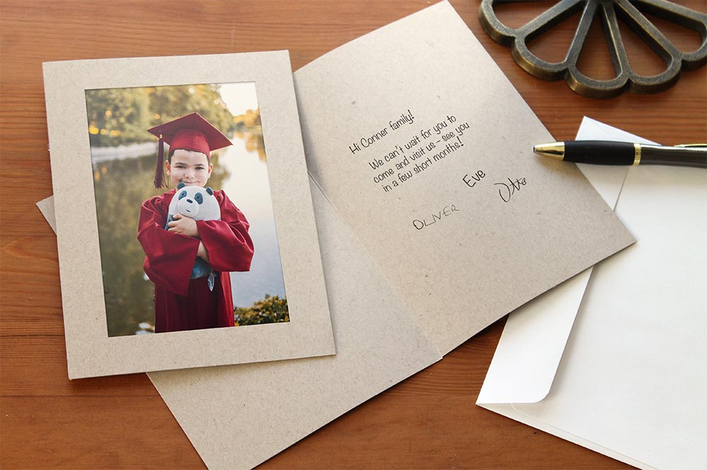 Recycled kraft photo insert card for graduation announcements and invitations.