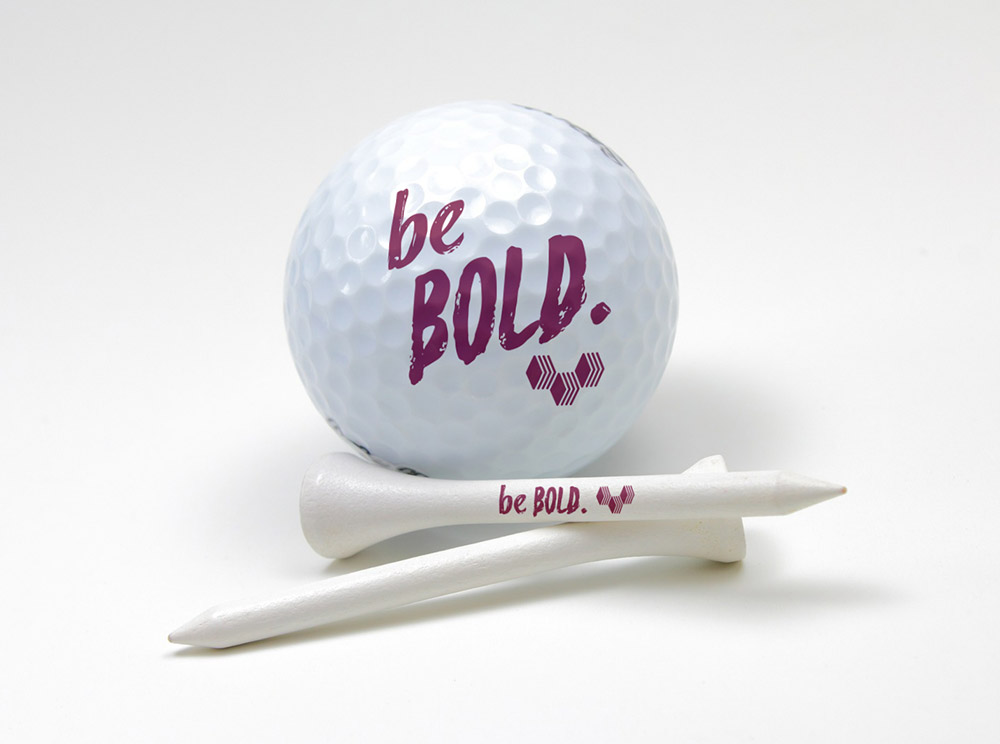 Golf tournament swag ideas of golf balls and tees with company branding
