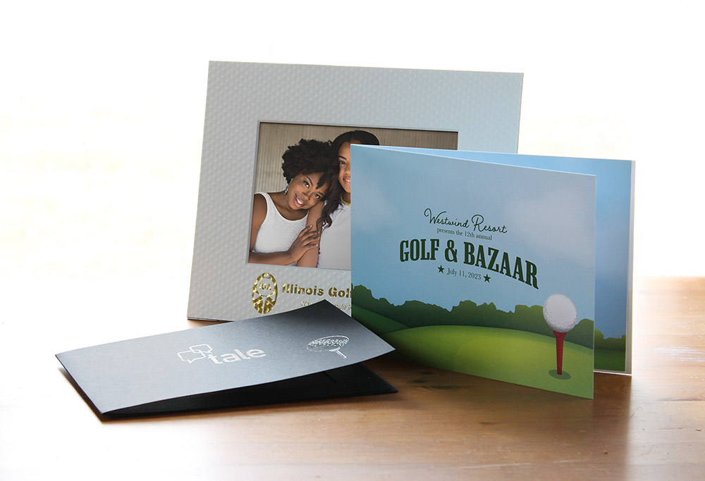 Golf photo folders and picture frame with even branding printed and foil stamped