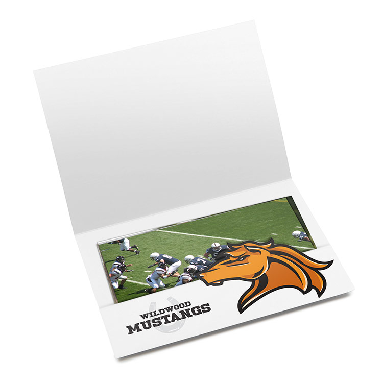 Horizontal photo pocket folder for sports pictures. Printed with school mascot.