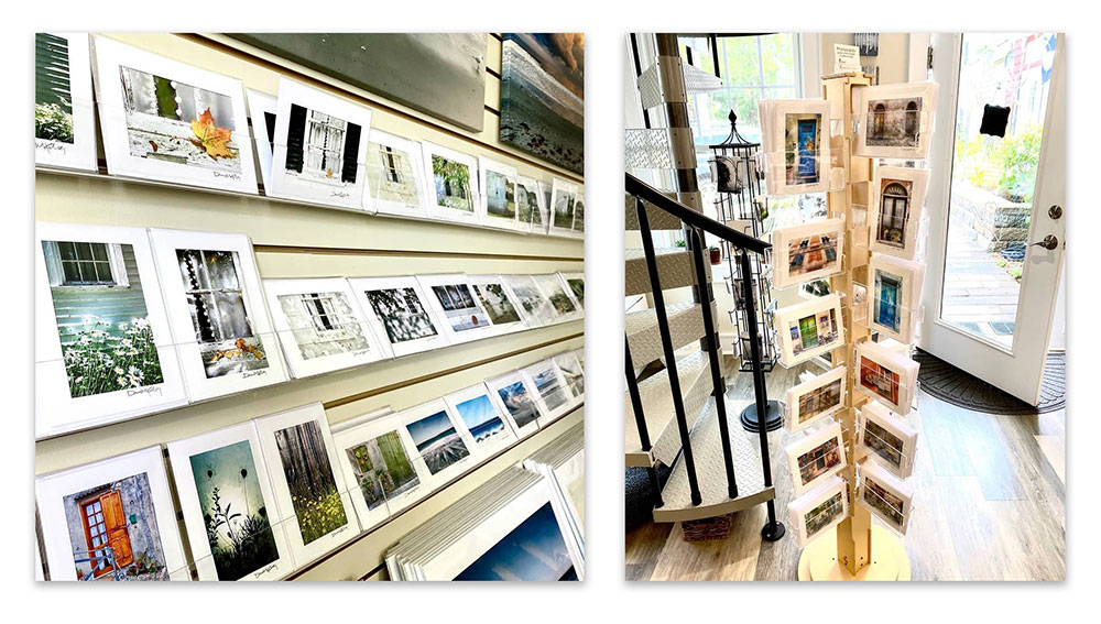 Two photos of art cards displayed in shelves in a small shop
