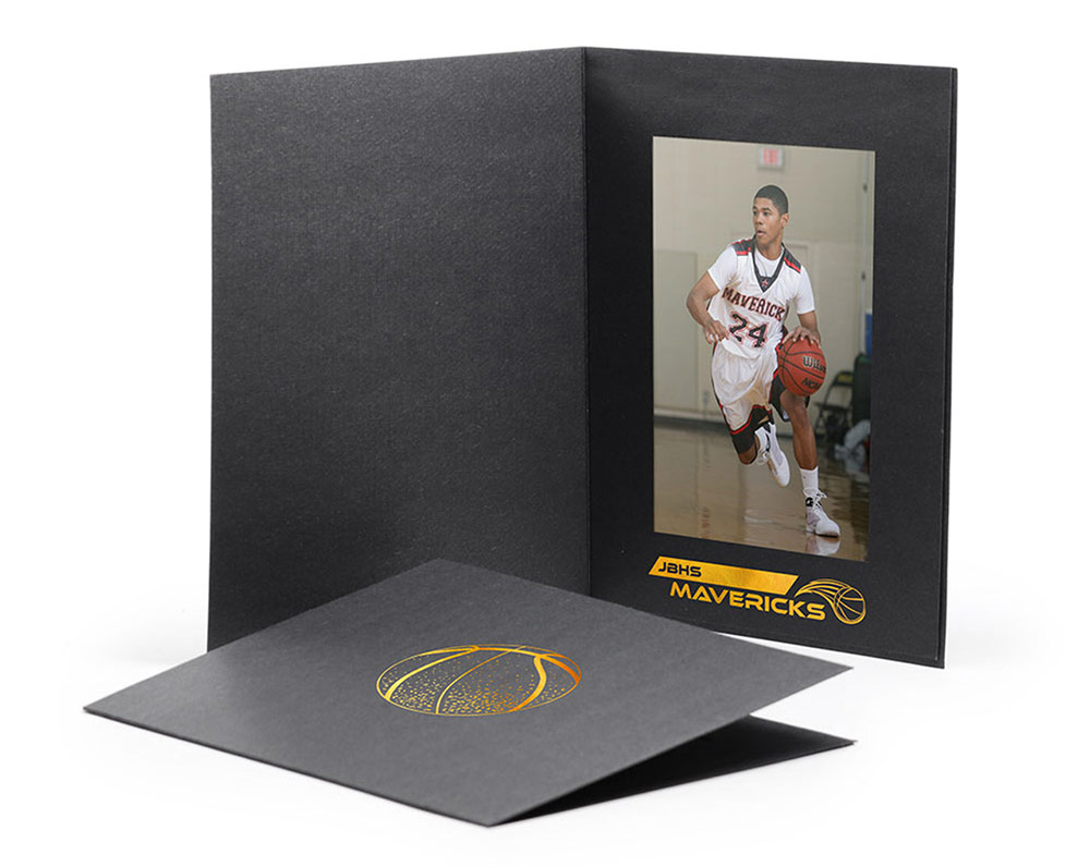 Black photo folder with basketball design on the front cover and team logo imprinted on the window frame border