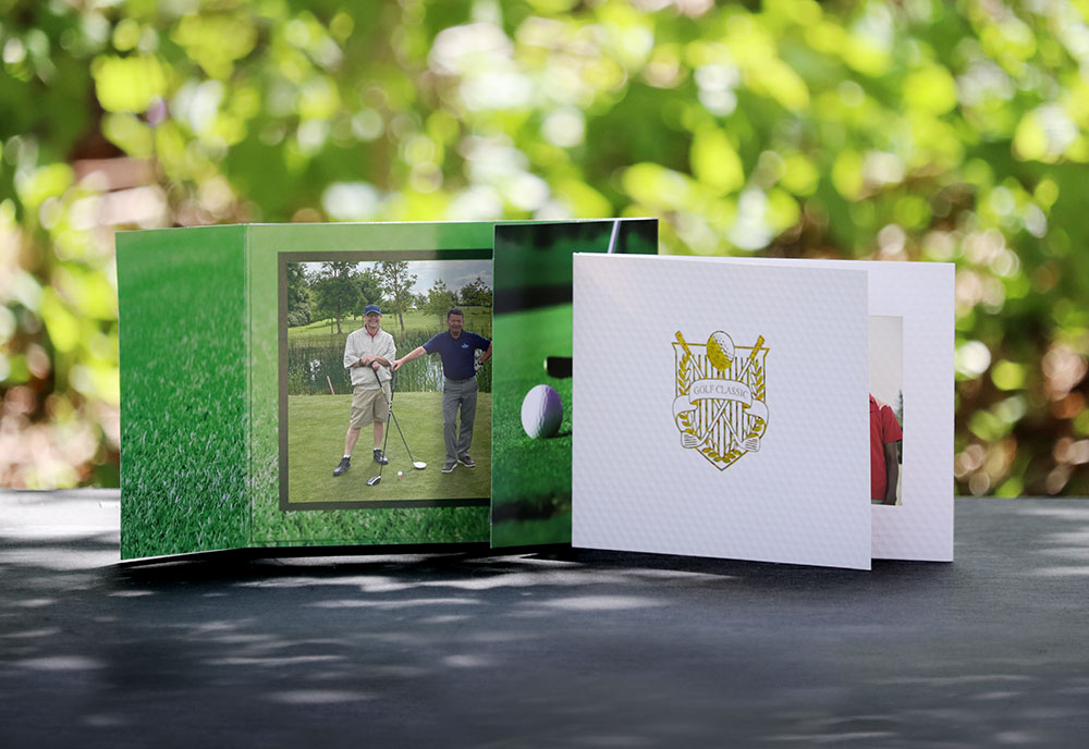 Golf gatefold photo folder with a golf ball dimpled folder