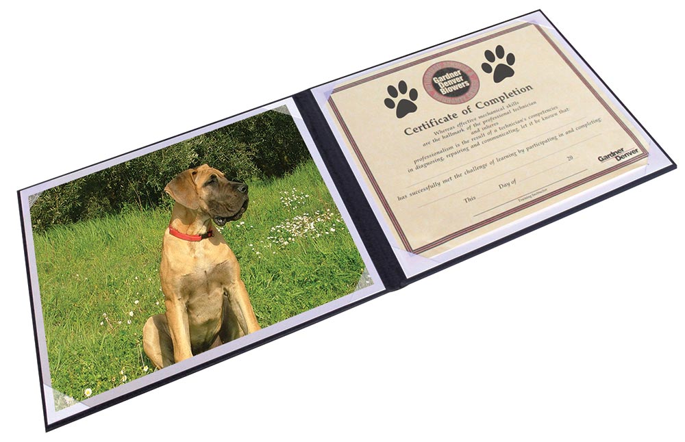 Padded certificate folio with two window openings. One holds a portrait of a dog, the other holds a training certificate.