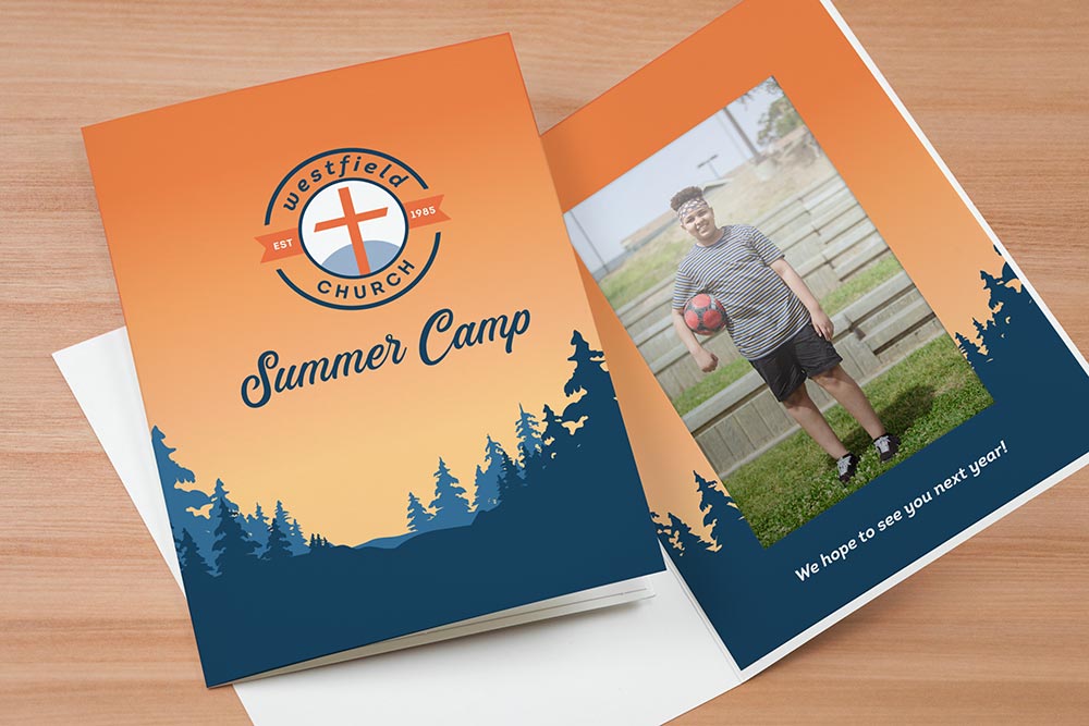 Church summer camp photo folder with nature theme and church logo