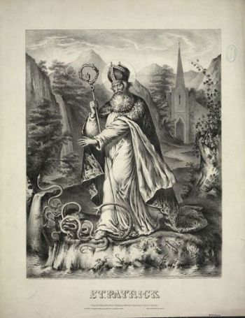 An antique drawing of Saint Patrick chasing snakes.